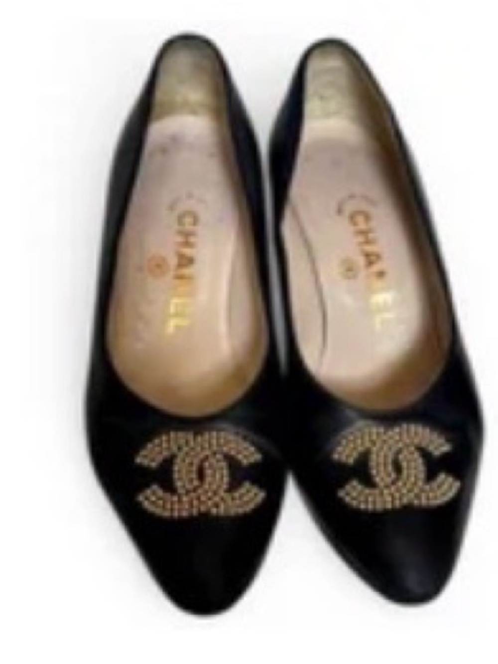 CHANEL Black Leather Pointed Flats with Gold CC Logo Embellishment